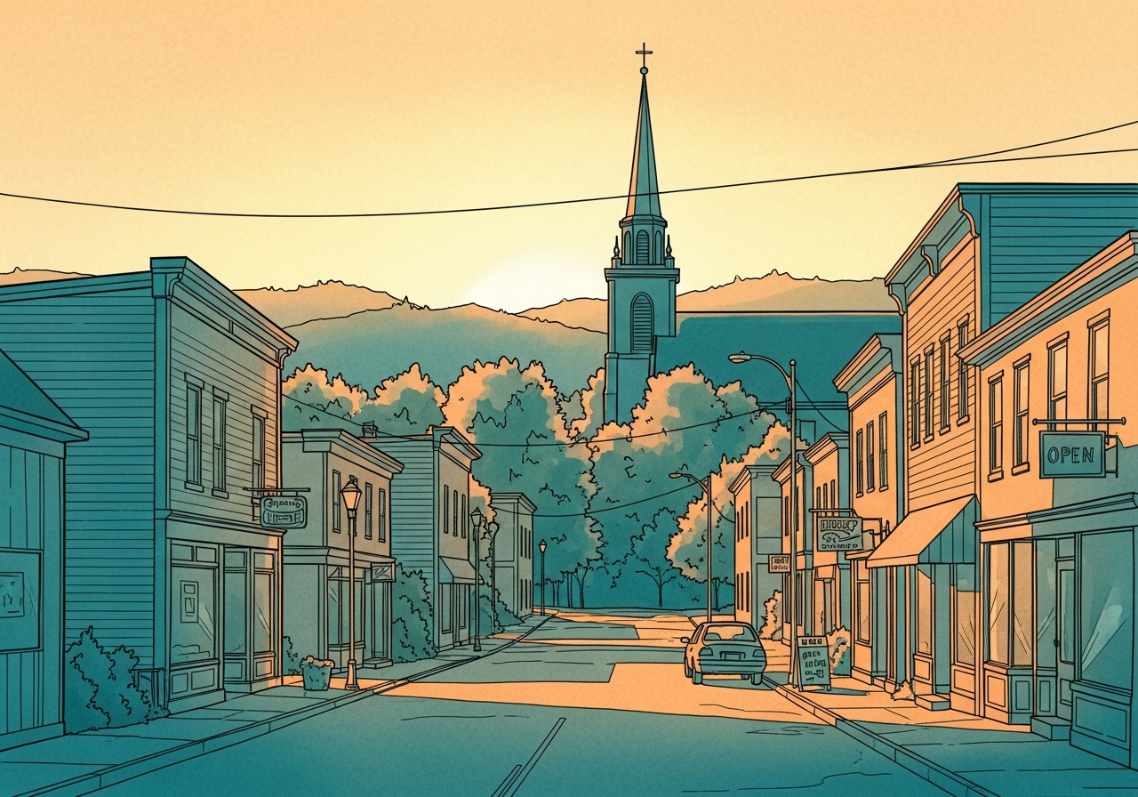 Illustration of a small American town at sunset