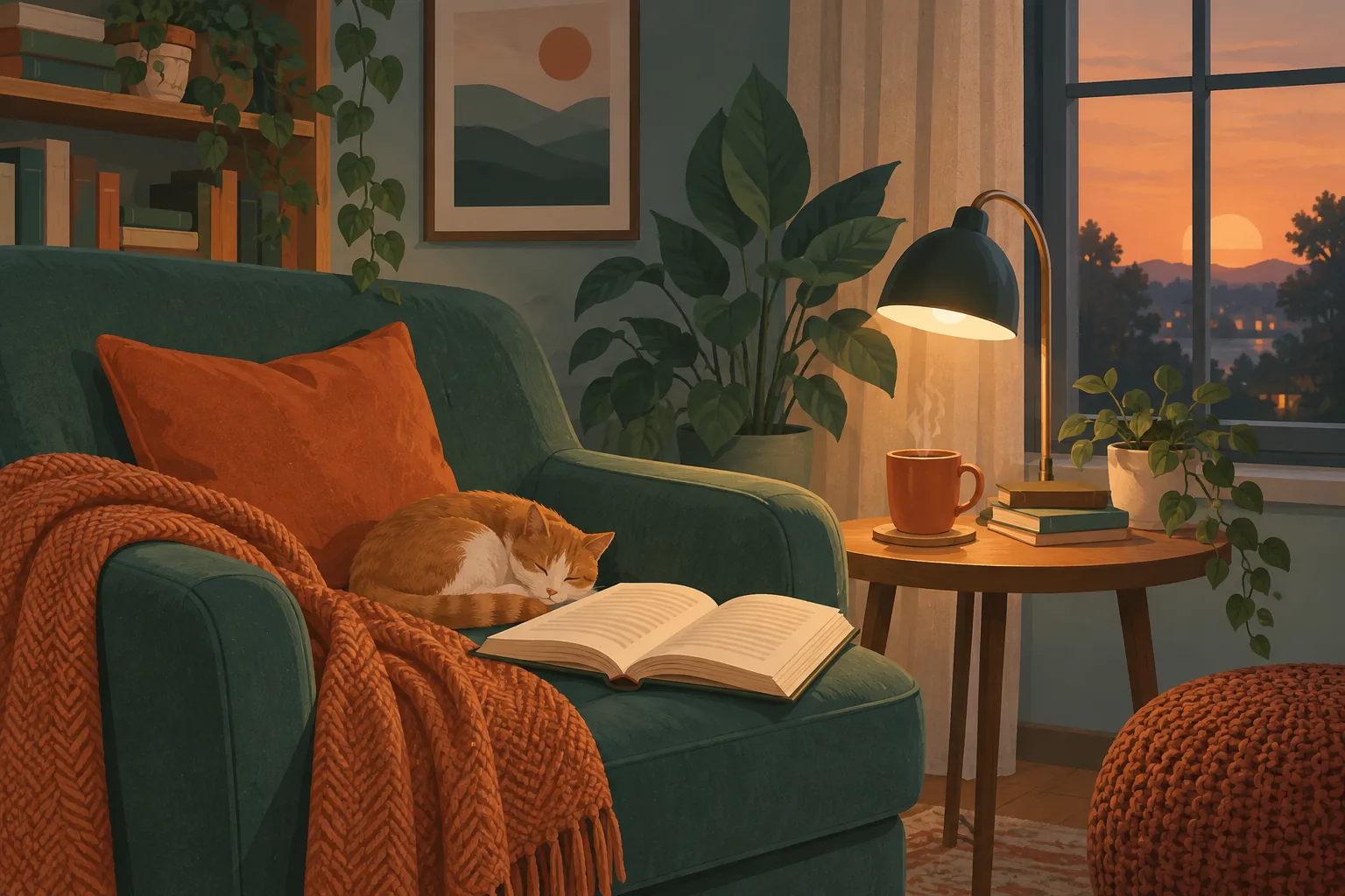 A cozy reading nook with an open book and warm lamp light