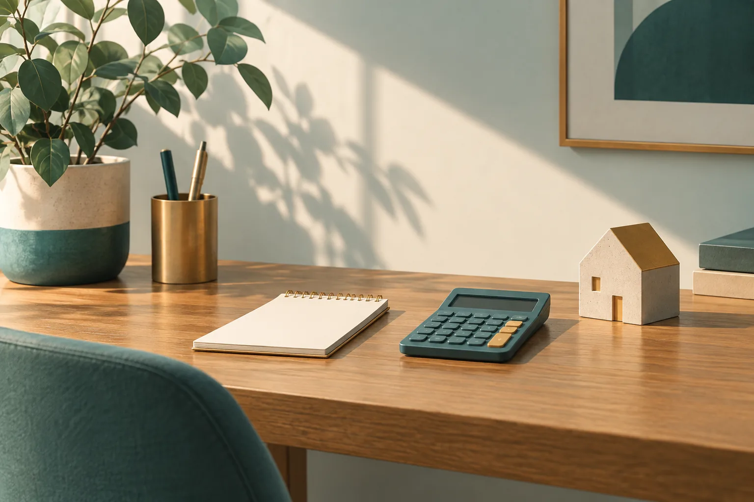 A desk with a calculator, notepad and rent paperwork