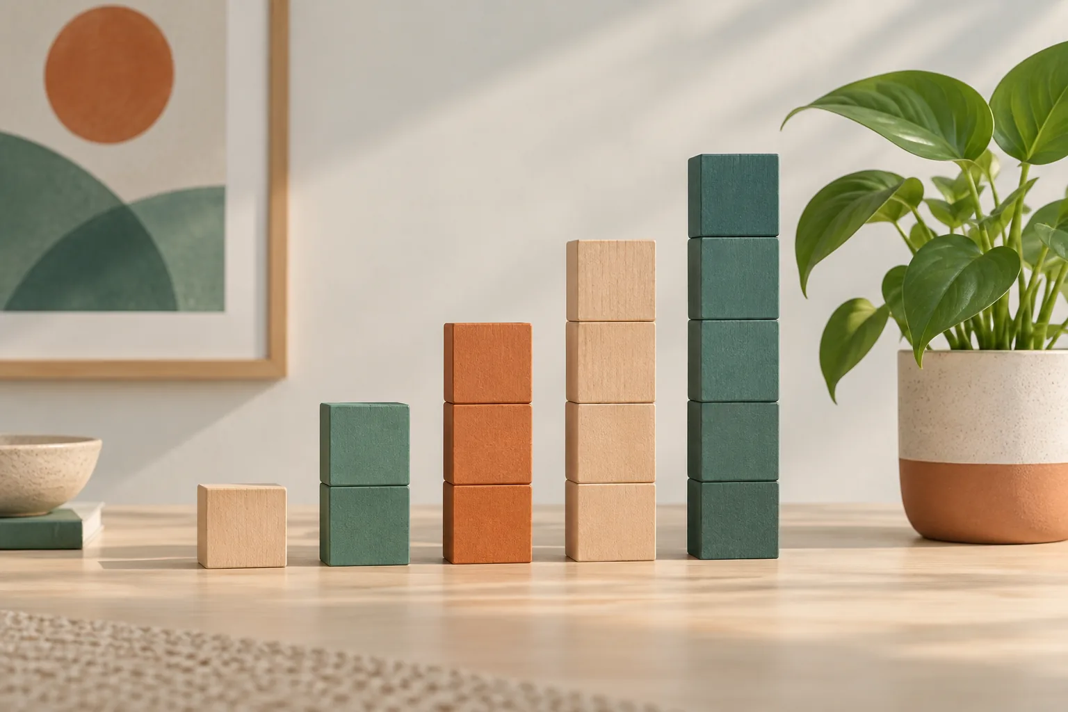 Stacked wooden blocks arranged in ascending tiers, representing income brackets