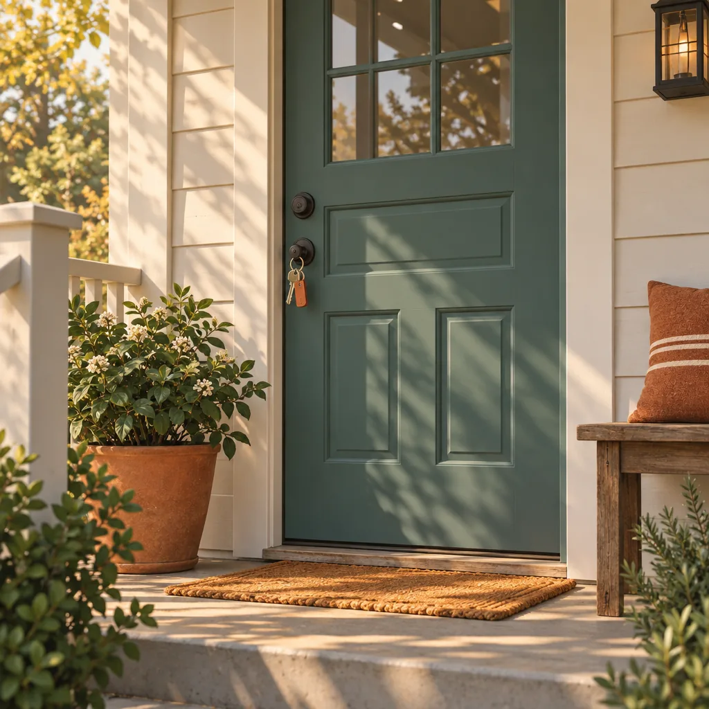 A house key resting in a sunlit doorway, symbolizing a rental home