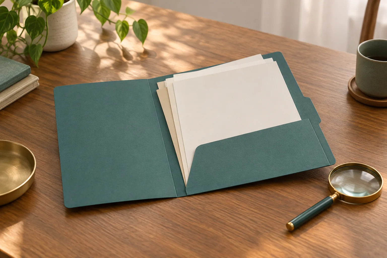 A folder of reference documents on a tidy desk