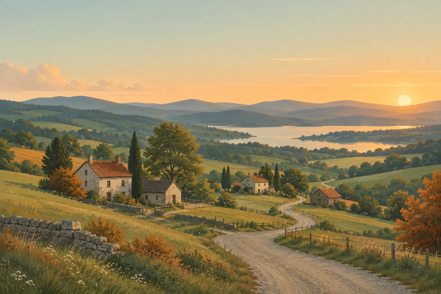 A quiet countryside road lined with fields and small-town rooftops